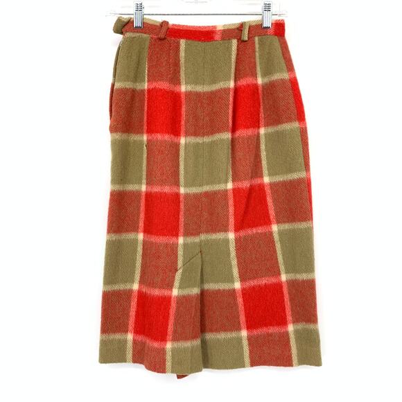 Vintage Wool Skirt Womens XXS Plaid High Waist Red Tan Lined Winter Holiday Fall - Picture 2 of 7